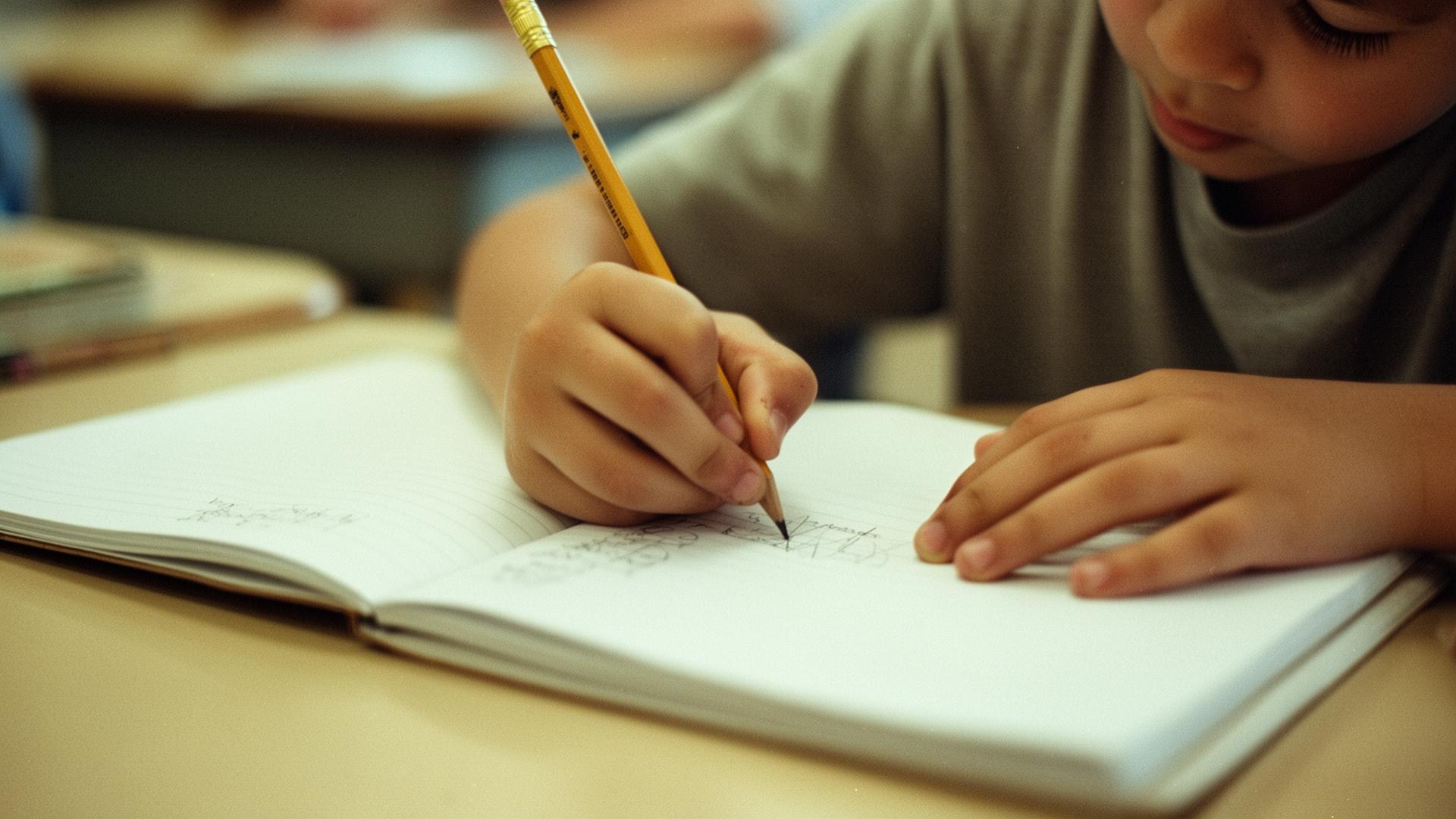 Niño escribiendo en un cuaderno con lápiz