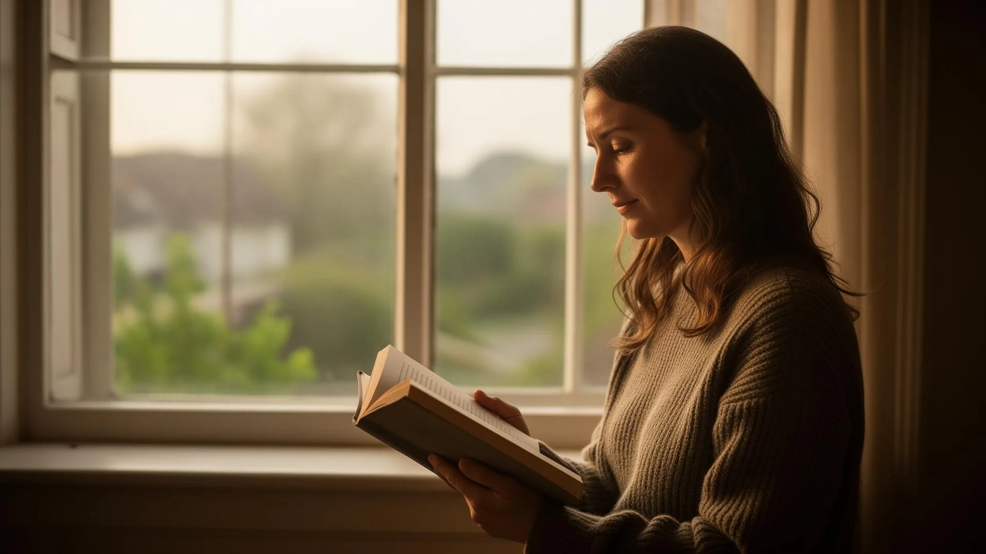 Persona leyendo junto a una ventana, en actitud reflexiva